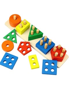 Generic Shopfleet Wooden 5 Shape Sorting & Stacking Toy, Shape Sorter Toys for Toddlers, Multicolor Color Recognition Stacker Toy, Educational & Learning Toys, Boys and Girls Toys  - Image 1