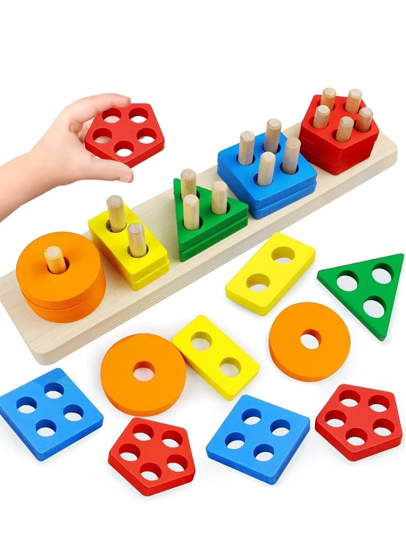 Shopfleet Wooden 5 Shape Sorting & Stacking Toy, Shape Sorter Toys for Toddlers, Multicolor Color Recognition Stacker Toy, Educational & Learning Toys, Boys and Girls Toys  - Image 2