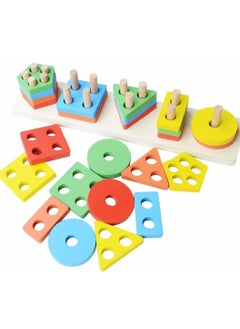 Generic Shopfleet Wooden 5 Shape Sorting & Stacking Toy, Shape Sorter Toys for Toddlers, Multicolor Color Recognition Stacker Toy, Educational & Learning Toys, Boys and Girls Toys  - Image 3