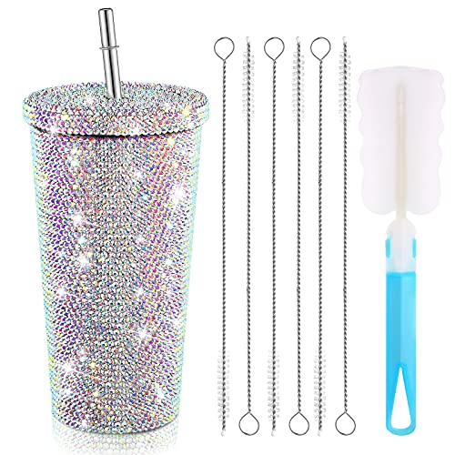 Mimorou Studded Bling Diamond Tumbler Glitter Water Bottle with Lid Stainless Steel Vacuum Thermal Straw Rhinestone Tumbler with 1 Pcs Cup Brush 6 Pcs Straw Brushes for Women(16.9 oz,AB Color) - Image 1