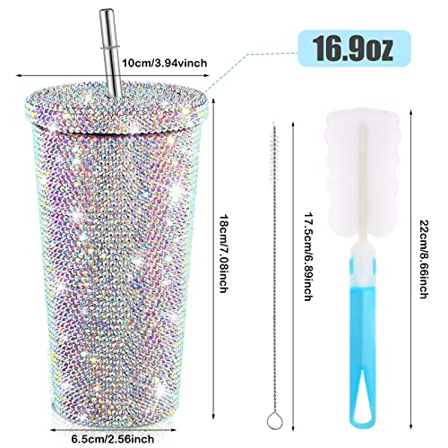 Mimorou Studded Bling Diamond Tumbler Glitter Water Bottle with Lid Stainless Steel Vacuum Thermal Straw Rhinestone Tumbler with 1 Pcs Cup Brush 6 Pcs Straw Brushes for Women(16.9 oz,AB Color) - Image 2