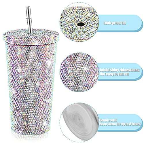 Mimorou Studded Bling Diamond Tumbler Glitter Water Bottle with Lid Stainless Steel Vacuum Thermal Straw Rhinestone Tumbler with 1 Pcs Cup Brush 6 Pcs Straw Brushes for Women(16.9 oz,AB Color) - Image 3