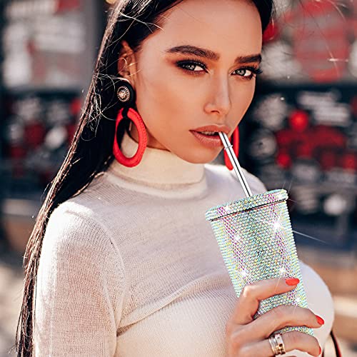 Mimorou Studded Bling Diamond Tumbler Glitter Water Bottle with Lid Stainless Steel Vacuum Thermal Straw Rhinestone Tumbler with 1 Pcs Cup Brush 6 Pcs Straw Brushes for Women(16.9 oz,AB Color) - Image 5