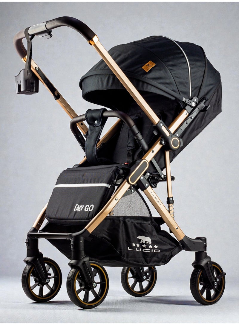 LUCID Luxurious baby stroller with handle and four 360-degree rotating wheels from Lucid, brown, model - Easy Go - Image 2