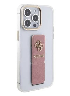 GUESS iPhone 15 Pro Case Grip stand Clear Back Cover with Saffiano Grip Leather and 4G Logo / Drop Protection / Slim Profile / Easy Snap-On - Pink  - Image 2