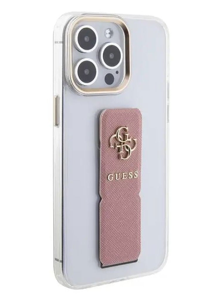 GUESS iPhone 15 Pro Case Grip stand Clear Back Cover with Saffiano Grip Leather and 4G Logo / Drop Protection / Slim Profile / Easy Snap-On - Pink  - Image 2