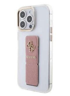 GUESS iPhone 15 Pro Case Grip stand Clear Back Cover with Saffiano Grip Leather and 4G Logo / Drop Protection / Slim Profile / Easy Snap-On - Pink  - Image 3