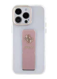 GUESS iPhone 15 Pro Case Grip stand Clear Back Cover with Saffiano Grip Leather and 4G Logo / Drop Protection / Slim Profile / Easy Snap-On - Pink  - Image 1
