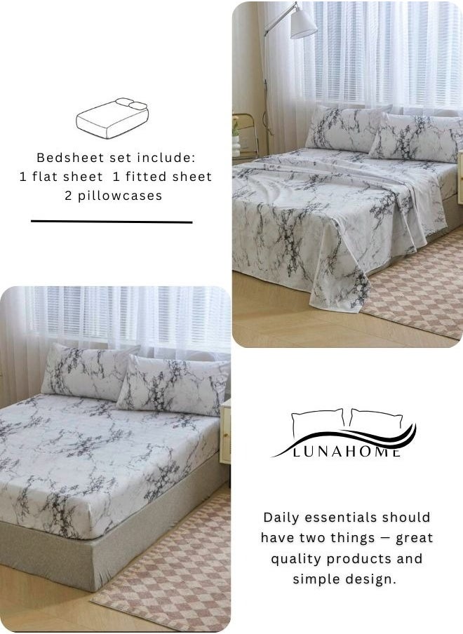 LUNA Home - 4 Pieces Bedsheet Set, White Marble. - Image 1