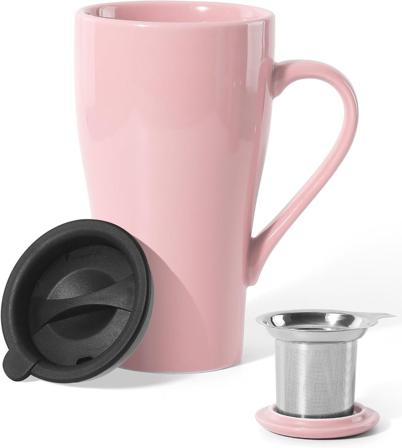ARRADEN Tea Cup with Infuser and Lid, 18oz Large Tea Infuser Mug, Ceramic Loose Leaf Tea Mug with Strainer & Silicone Lid for Women, Man, Christmas, Gifts (Pink) - Image 1