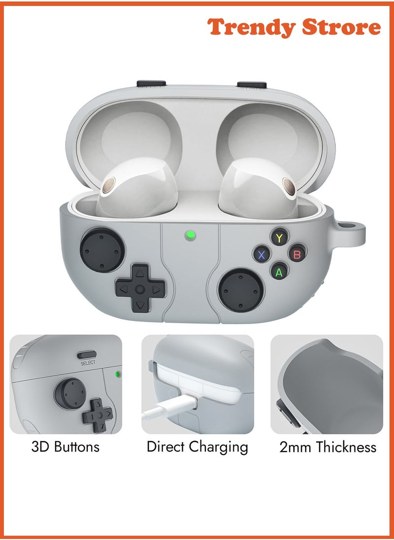 Compatible with Sony WF-1000XM5 Case Cover with Carabiner, 3D Game Console Silicone Design, Shockproof Protective Case (Light Gray)
