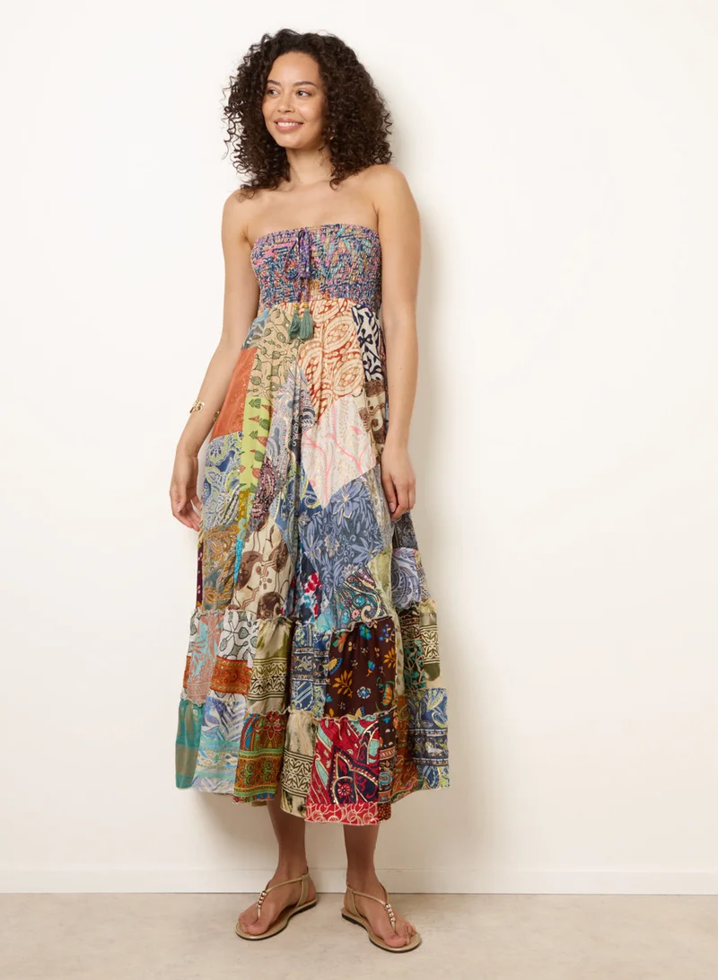 بلو فانيلا Shirred Patchwork Art Bandeau Dress