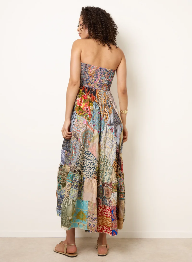 بلو فانيلا Shirred Patchwork Art Bandeau Dress