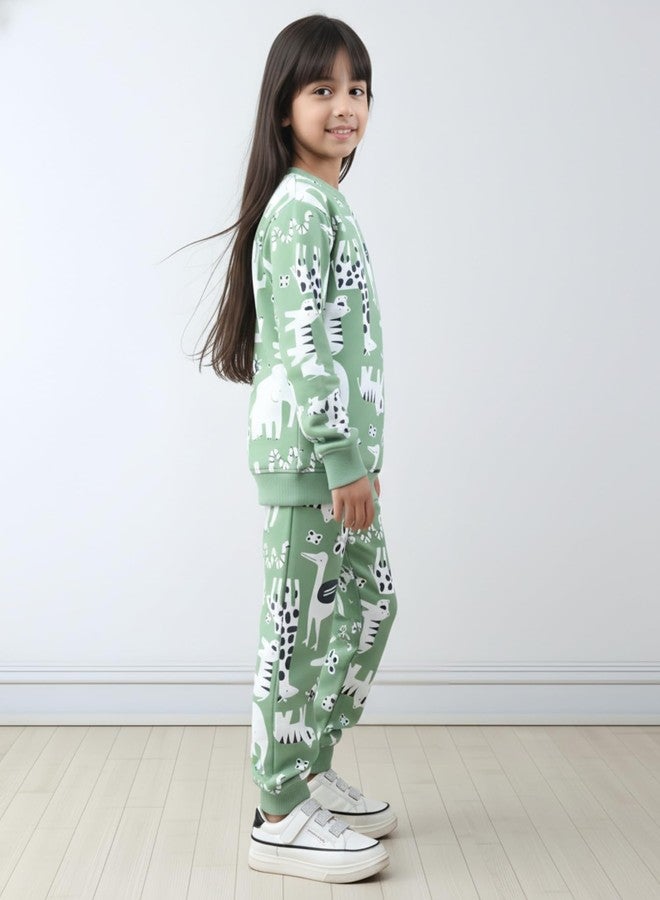 ANTHRILO Animal Green Fleece Girls Sweatshirt Jogger Set - Green | 6-12 Months - Image 3