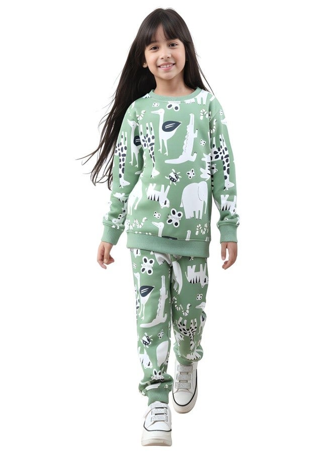 ANTHRILO Animal Green Fleece Girls Sweatshirt Jogger Set - Green | 6-12 Months - Image 1