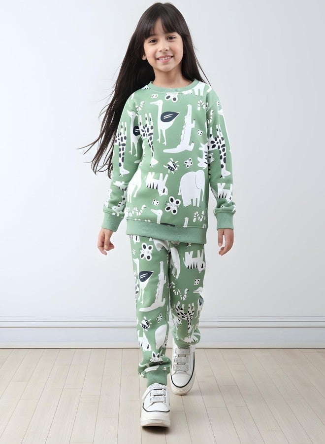 ANTHRILO Animal Green Fleece Girls Sweatshirt Jogger Set - Green | 6-12 Months - Image 2