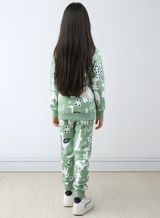 ANTHRILO Animal Green Fleece Girls Sweatshirt Jogger Set - Green | 6-12 Months - Image 4