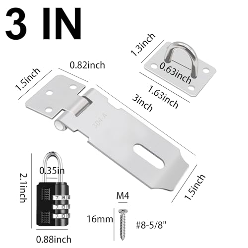 Tanbupu 2Pcs Door Locks Hasp Latch,3 Inch 304 Stainless Steel Safety Packlock Clasp Hasp Lock Latch,Hinge Lock Padlock with Screws for Gates,Doors,Cabinets, Closets and More - Image 2