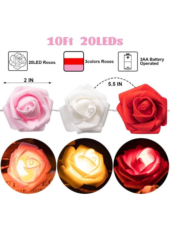 20pcs الرومانسية الورد زهرة سلسلة الأضواء، LED بطارية تعمل الأحمر الوردي الأبيض الورد الأضواء، 10Ft كرلاند لعيد الميلاد، الوردي الجنية أضواء (3m، 20 أضواء) لعيد الحب زفاف الديكور الداخلي في الهواء الطلق - Image 4