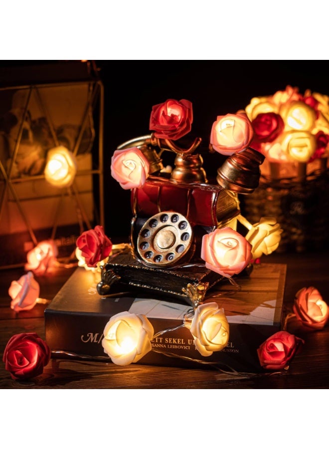 20pcs الرومانسية الورد زهرة سلسلة الأضواء، LED بطارية تعمل الأحمر الوردي الأبيض الورد الأضواء، 10Ft كرلاند لعيد الميلاد، الوردي الجنية أضواء (3m، 20 أضواء) لعيد الحب زفاف الديكور الداخلي في الهواء الطلق - Image 5