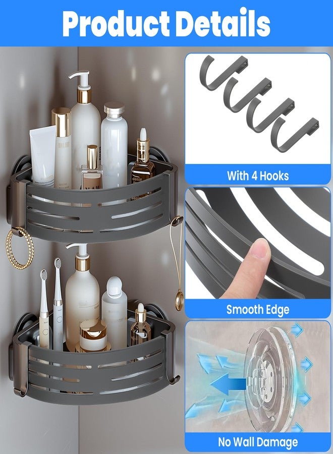 PercyEffie 2 Pack Corner Shower Caddy Suction Cup Rust-proof aluminum alloy With 4 hooks No drilling required Removable Waterproof Bathroom Storage Rack for Shampoo, Shower Gel, Razors (gunmetal gray) - Image 3
