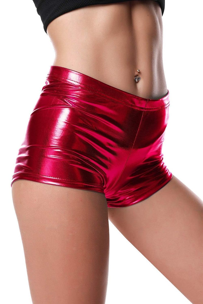 BLACK JACKY Womens Metallic Rave Booty Shorts Faux Leather Shorts Shiny Hot Pants Bottoms for Dance Festival (Small, Red) - Image 3