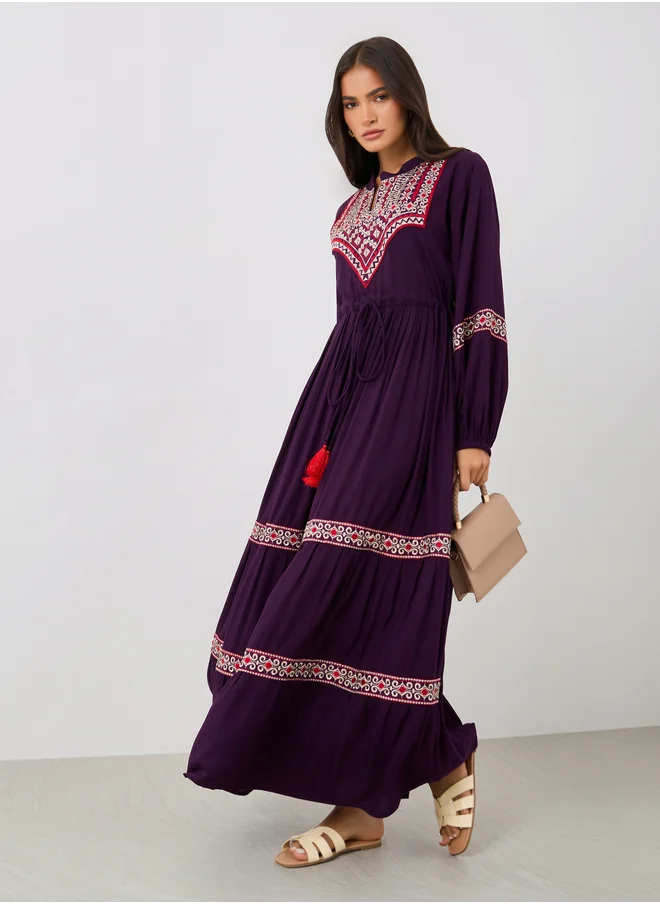 Maxim Creation Embroidered A-Line Jalabiya with Ruched Waist Detail