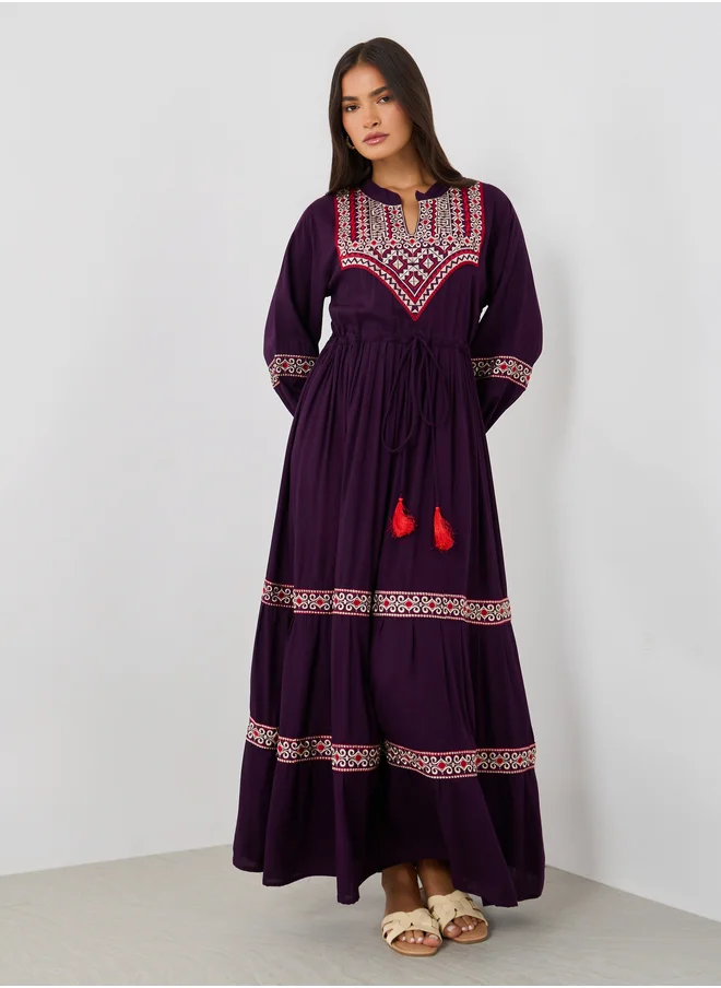 Maxim Creation Embroidered A-Line Jalabiya with Ruched Waist Detail