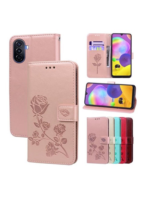 جراب هاتف Huawei nova Y70 / Y70 Plus من الجلد الصناعي المنقوش باللون الوردي (ذهبي وردي)