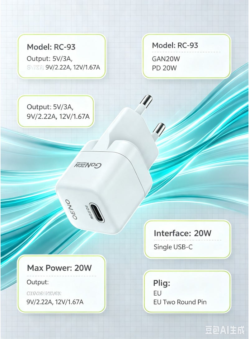 RENO RC-93 20W GaN PD Super Fast Charger - Pocket-Sized Single USB-C Wall Adapter (EU Plug) - Image 2