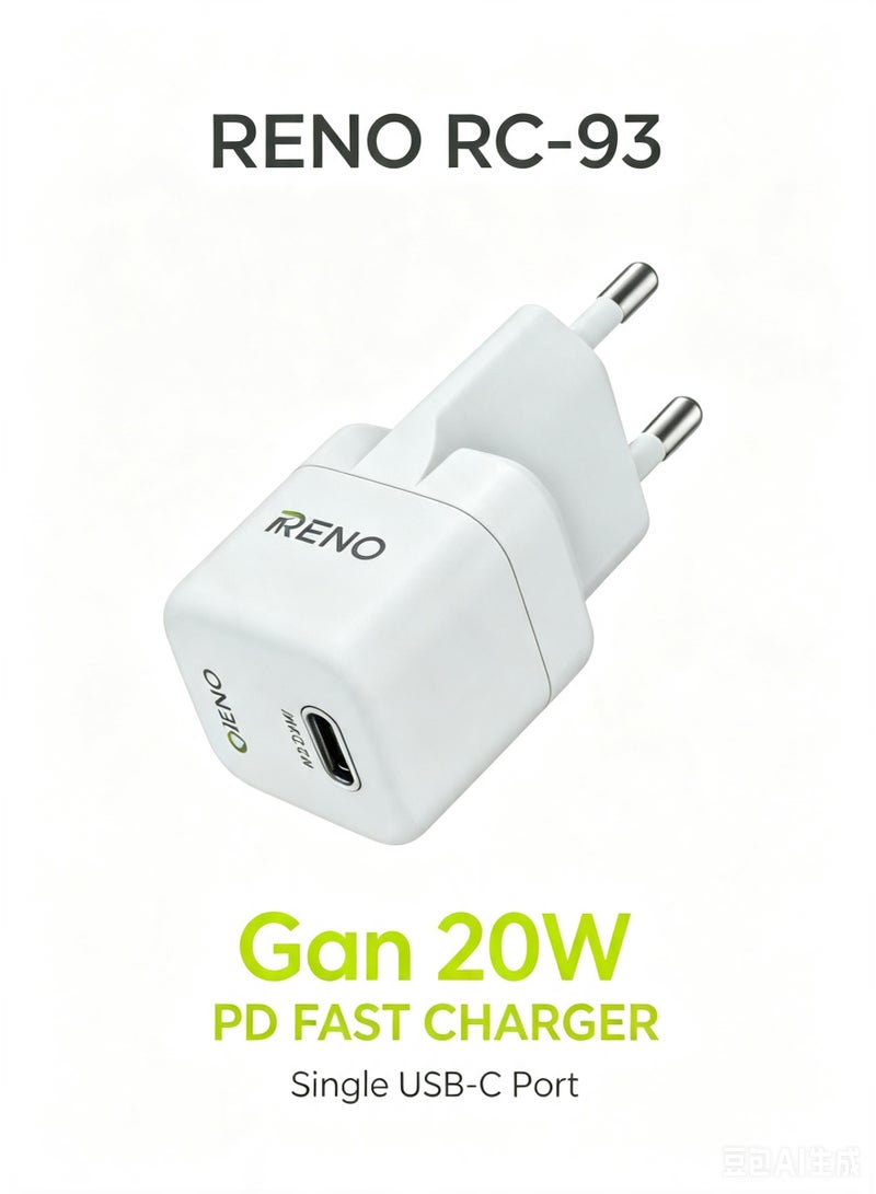 RENO RC-93 20W GaN PD Super Fast Charger - Pocket-Sized Single USB-C Wall Adapter (EU Plug) - Image 1