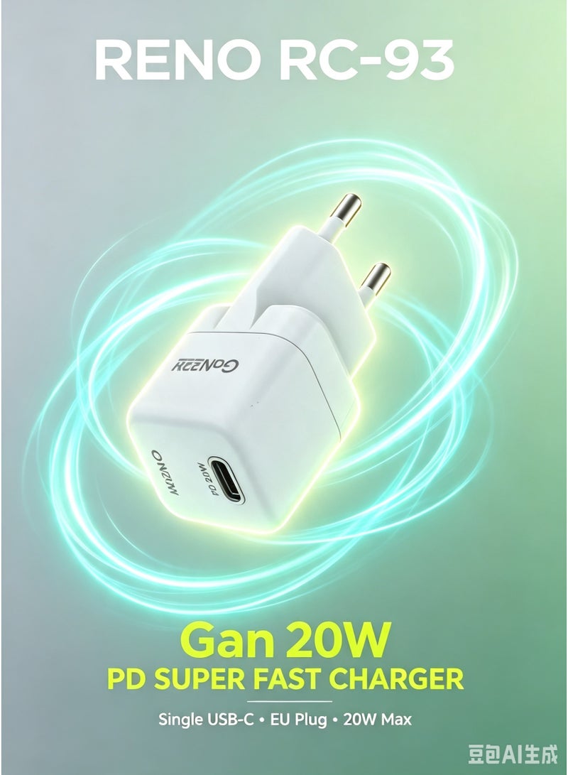 RENO RC-93 20W GaN PD Super Fast Charger - Pocket-Sized Single USB-C Wall Adapter (EU Plug) - Image 3