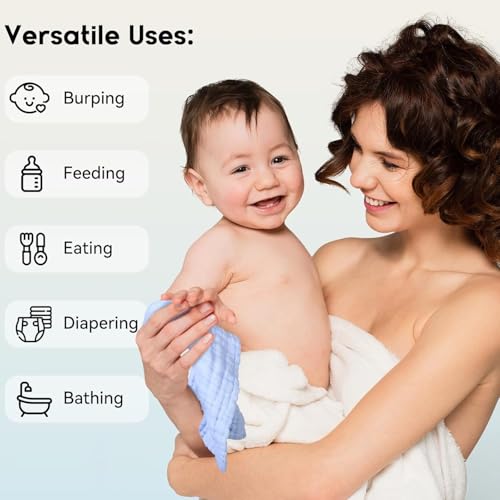 TERI BERI Muslin Baby Washcloths 5 Pack, 100% Cotton Wash Cloths for Babies, 10''X10'' Burp Cloths Absorbent and Soft for Newborn Infants Kids Boys Girls - Multicolor - Image 5