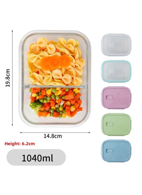 Glass Lunch Box Bento Box Fresh-keeping Bowl Sealed Box Lunch Box Fresh-keeping Box Can Enter Microwave Glass Bowl Fruit Box-Specifications:Long Two Compartments 1040ml-Color:Matcha Green