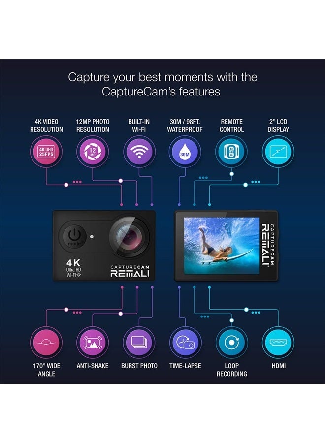 REMALI CaptureCam 4K Ultra HD and 12MP Waterproof Sports Action Camera Kit with Carrying Case, 3 Batteries, Dual Battery Charger, 2” LCD Screen, WiFi, Remote Control, and 21 Mounts and Accessories - Image 3