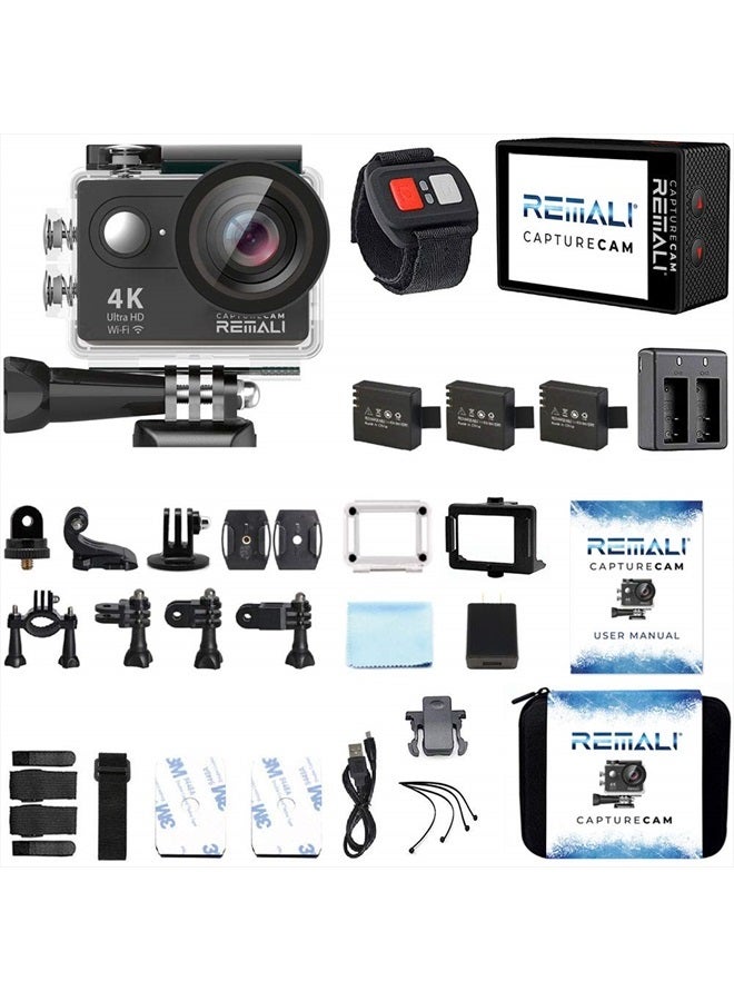 REMALI CaptureCam 4K Ultra HD and 12MP Waterproof Sports Action Camera Kit with Carrying Case, 3 Batteries, Dual Battery Charger, 2” LCD Screen, WiFi, Remote Control, and 21 Mounts and Accessories - Image 2