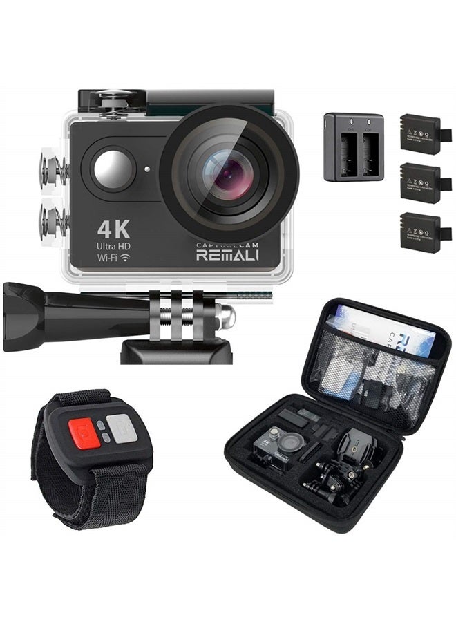 REMALI CaptureCam 4K Ultra HD and 12MP Waterproof Sports Action Camera Kit with Carrying Case, 3 Batteries, Dual Battery Charger, 2” LCD Screen, WiFi, Remote Control, and 21 Mounts and Accessories - Image 1