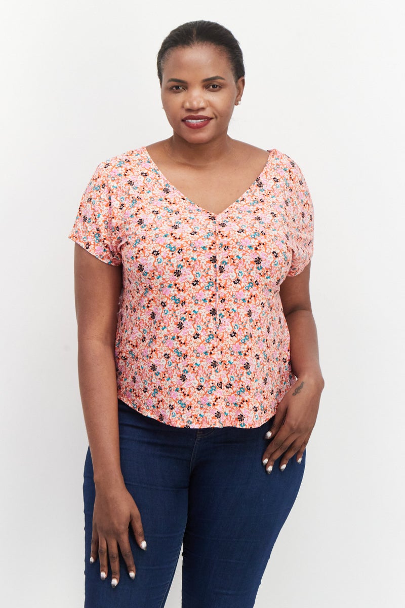 Bar III Women Plus Size V-Neck Short Sleeves Floral Pattern Top, Multicolor - Image 1