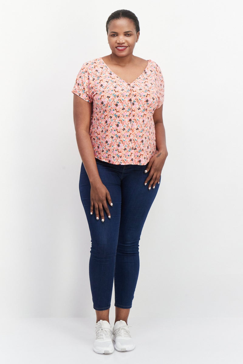 Bar III Women Plus Size V-Neck Short Sleeves Floral Pattern Top, Multicolor - Image 4