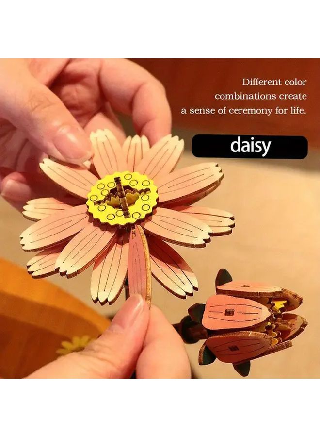 لغز بناء عباد شمس خشبي ثلاثي الأبعاد - مجموعة DIY للكبار، هدية إبداعية - Image 3