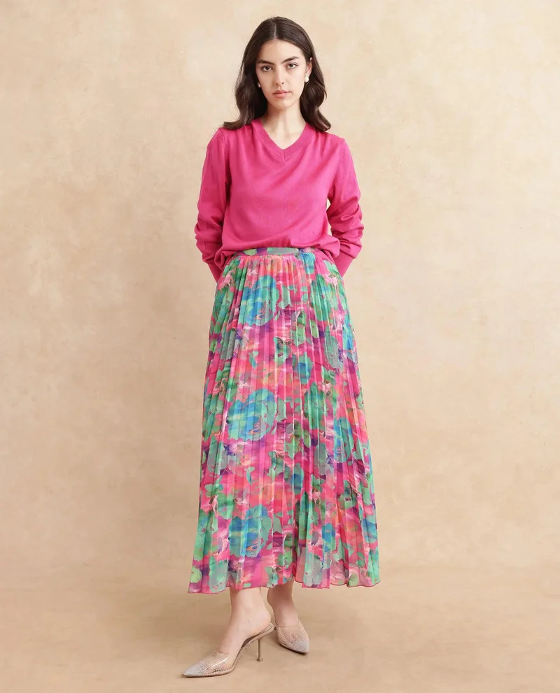 Rareism Women's Floral Georgette Pleated Skirt