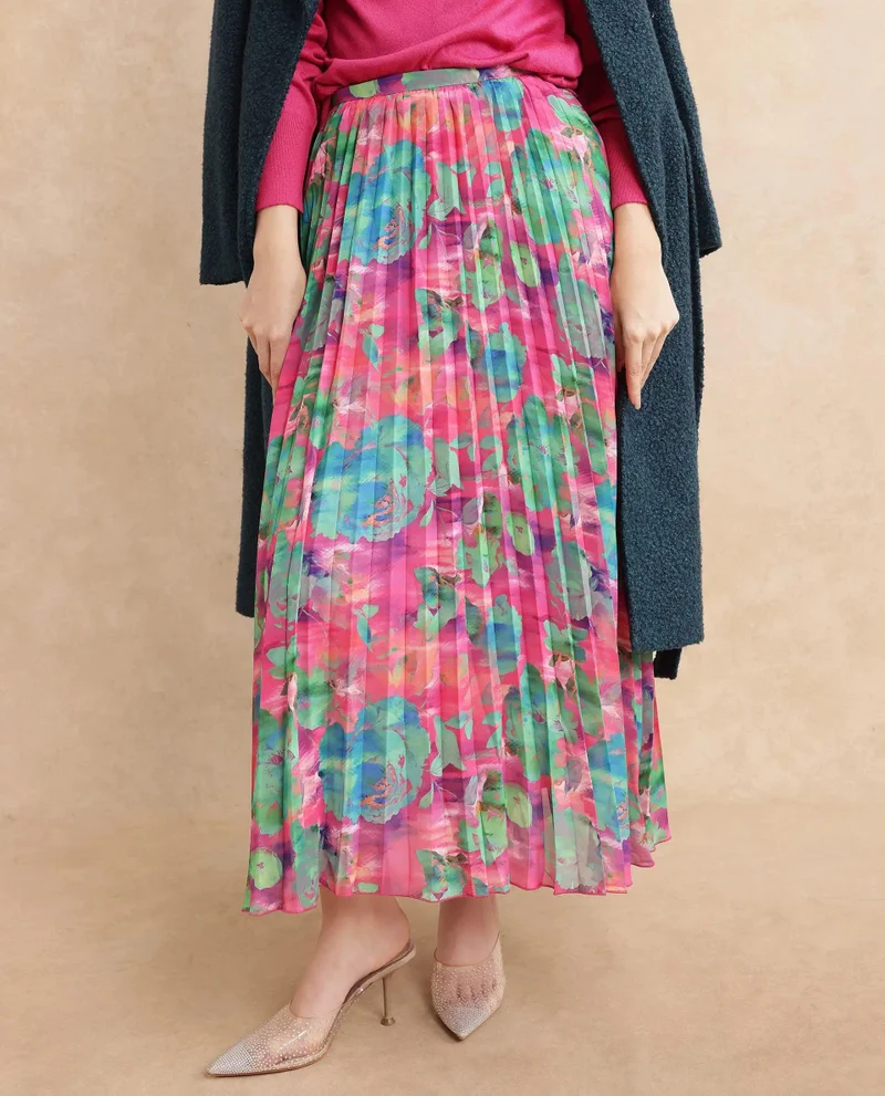 Rareism Women's Floral Georgette Pleated Skirt