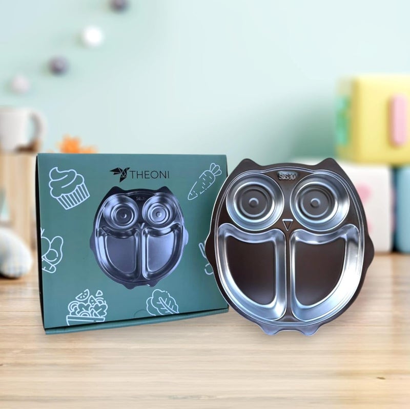 THEONI Stainless Steel Owl Plate for Kids – Divided Dinner Tray for Toddlers & Babies | BPA-Free, Non-Toxic, Unbreakable, Durable | Perfect for Gifting & Daily Meals - Image 1