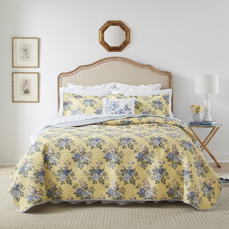 Laura Ashley  King Quilt Set Reversible Cotton Bedding with Matching Shams Lightweight Home Decor for All Seasons Linley Yellow King