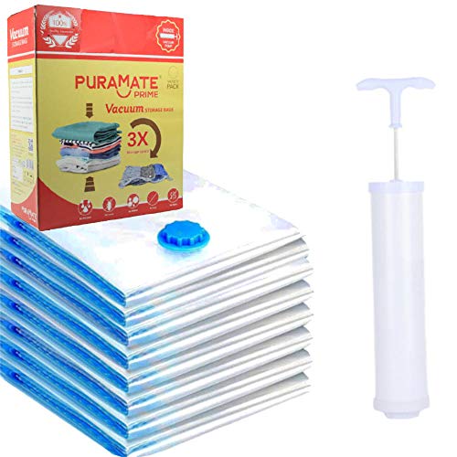 Puramate Prime Vacuum Storage Reusable Ziplock Smart Space Saver Bags (Pack of 8) - 2 S (40 cm*60 cm), 2 M (50 cm*70 cm), 2 L (60 cm*80 cm), 2 XL (80 cm*100 cm) with Portable Hand Pump - Image 1