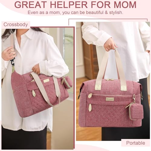 Pritent Diaper Bag Tote Diaper Baby Bags with Pacifier Case Shoulder Straps Stroller Clips Waterproof Large Mommy Bag Maternity Bag Travel Baby Bag for Mom and Dad Pink - Image 3