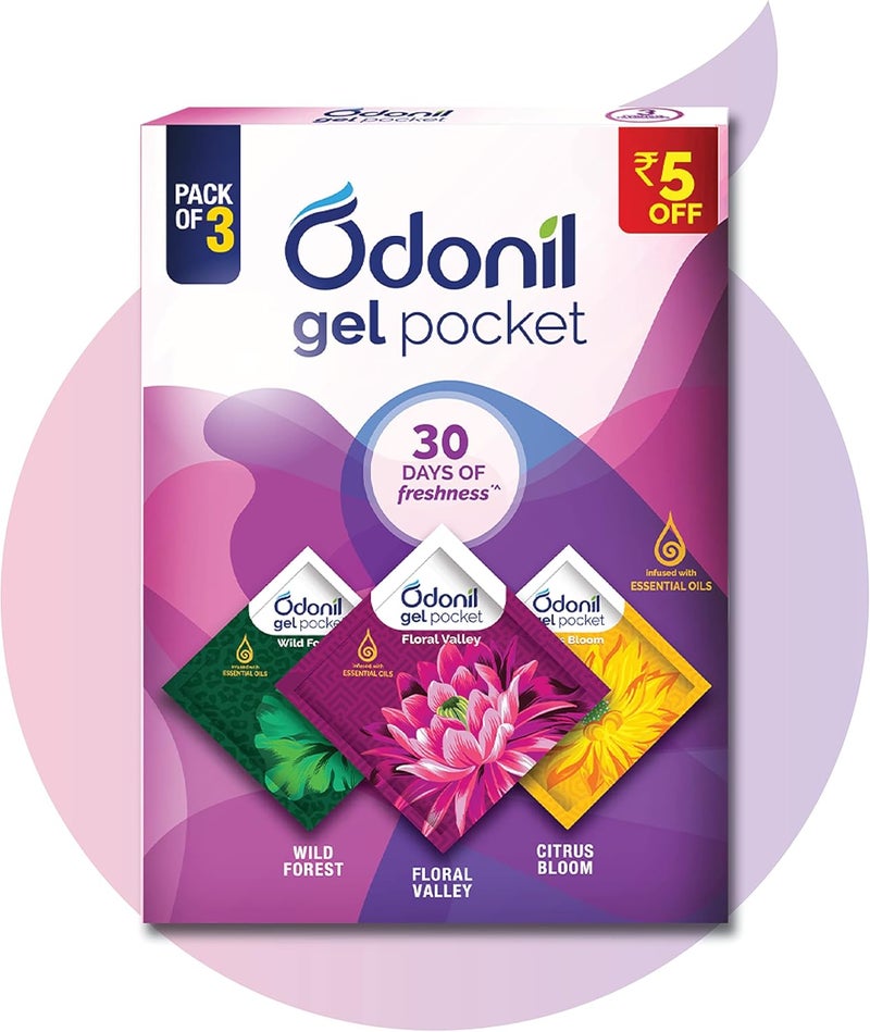 Odonil Gel Pocket Mix - 30g (Assorted pack of 3 new fragrances) | Infused with Essential Oils | Germ Protection |Long Lasting | Lasts Up to 30 days | Air Freshener for Bathroom, Toilet, Home & Office - Image 1