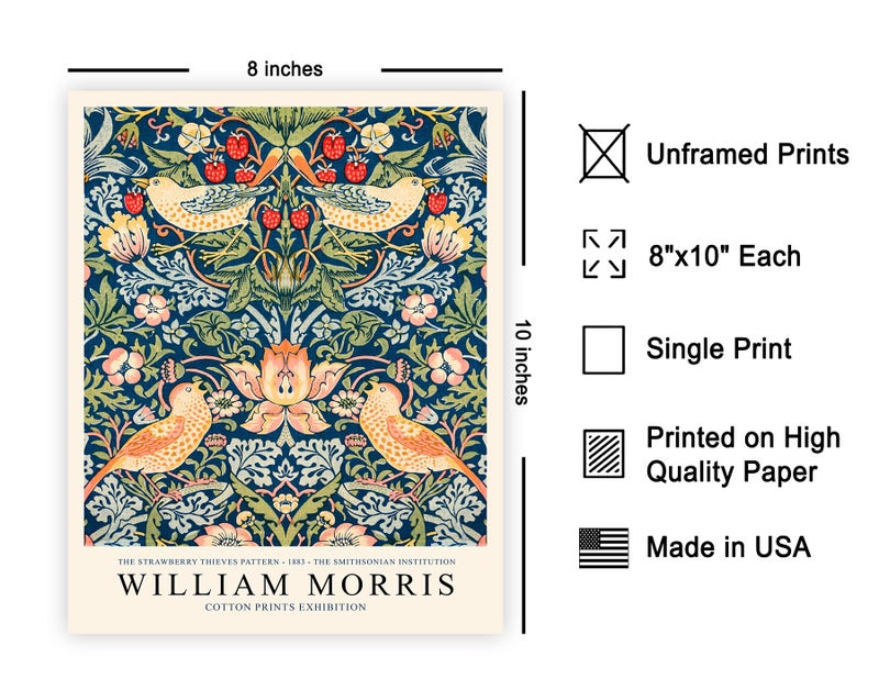 Poster Master Vintage William Morris Poster - Retro Strawberry Thief Print - Flower Art - Textile Pattern Art - Gift for Men & Women - Floral Decor for Living Room or Bedroom - 8x10 UNFRAMED Wall Art - Image 2