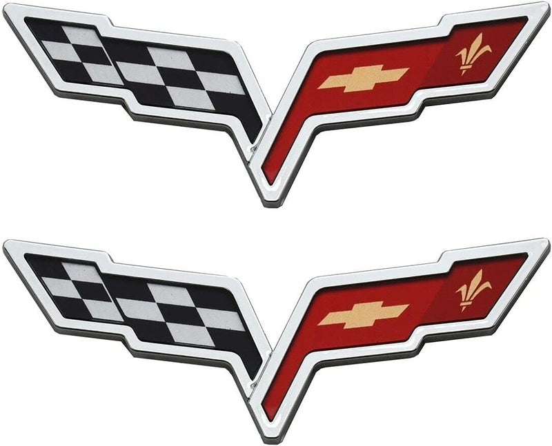 C6 Corvette Emblem Pair Set (2005-2013) - Front Hood & Rear Crossed Flags Badge Sticker Replacement - Image 1