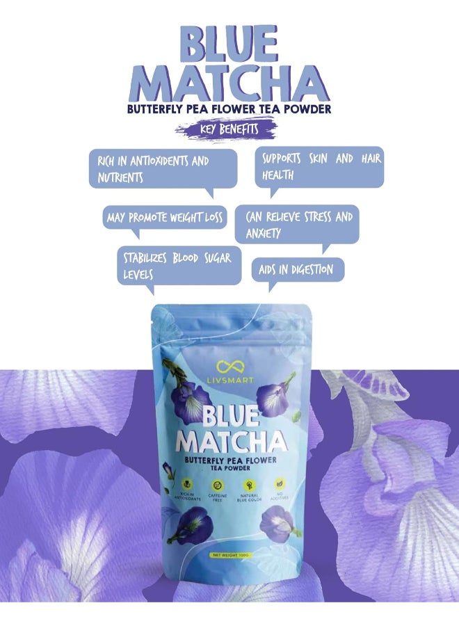 Livsmart Blue Matcha Butterfly Pea Flower Tea Powder, Caffeine Free Herbal Tea (100g) - Image 4